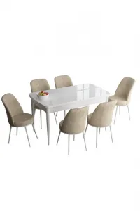 Extendable Dining Table & Chairs Set (7 Pieces) Han - White, Cream