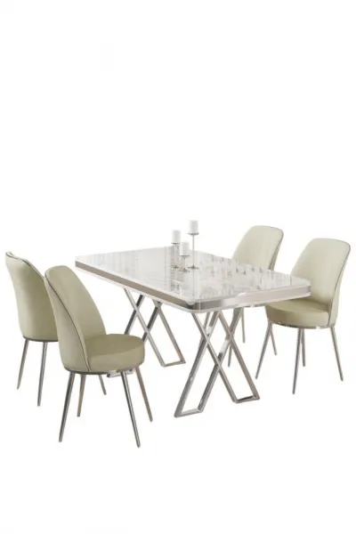 Dining Table & Chairs Set (5 Pieces) Vals - White, Chrome, Cream
