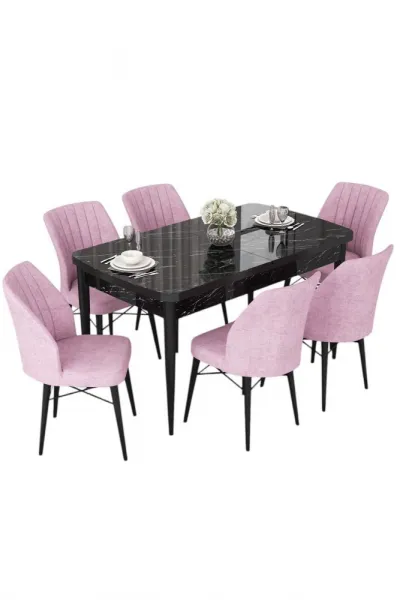 Extendable Dining Table & Chairs Set (7 Pieces) Nef - Black Marble, Pink