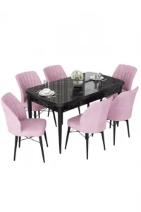 Extendable Dining Table & Chairs Set (7 Pieces) Nef - Black Marble, Pink