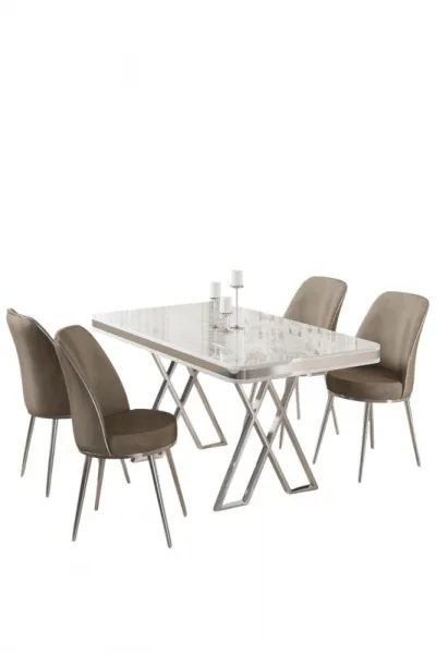 Dining Table & Chairs Set (5 Pieces) Vals - White, Chrome, Cappuccino