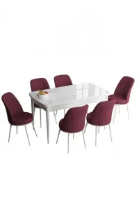 Extendable Dining Table & Chairs Set (7 Pieces) Han - White, Burgundy