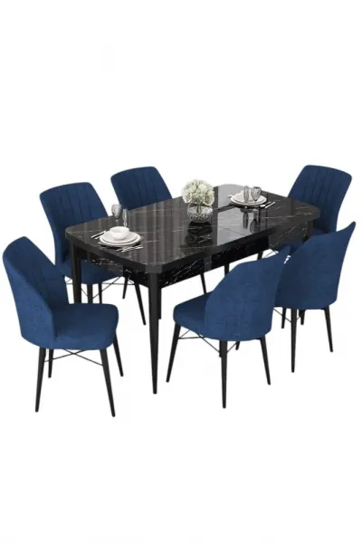 Extendable Dining Table & Chairs Set (7 Pieces) Nef - Black Marble, Navy Blue