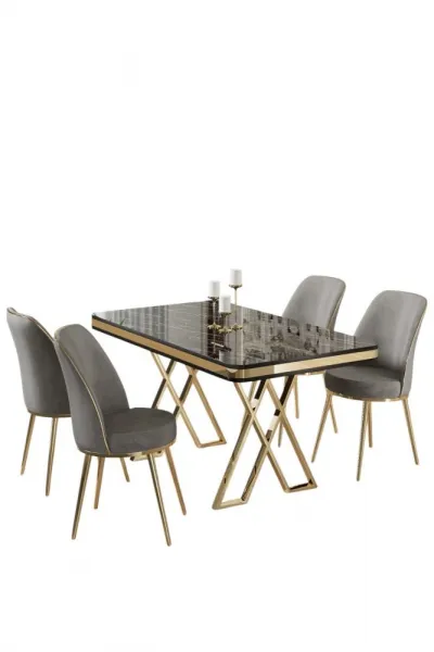 Dining Table & Chairs Set (5 Pieces) Vals - Black Marble, Gold, Grey