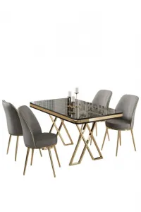 Dining Table & Chairs Set (5 Pieces) Vals - Black Marble, Gold, Grey