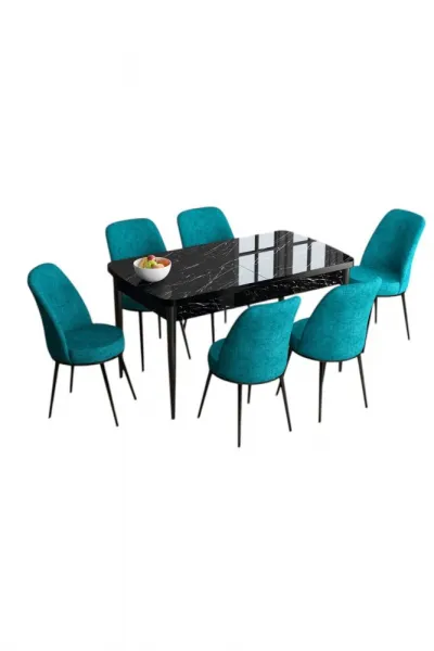 Extendable Dining Table & Chairs Set (7 Pieces) Han - Black Marble, Turquoise