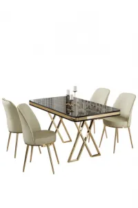 Dining Table & Chairs Set (5 Pieces) Vals - Black Marble, Gold, Cream