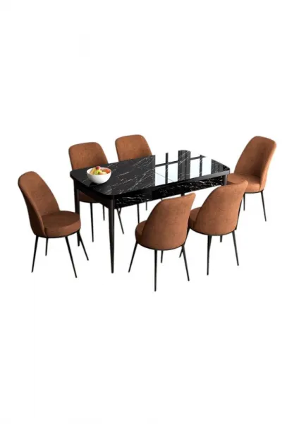 Extendable Dining Table & Chairs Set (7 Pieces) Han - Black Marble, Tile Red