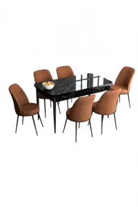 Extendable Dining Table & Chairs Set (7 Pieces) Han - Black Marble, Tile Red