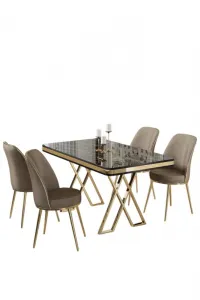 Dining Table & Chairs Set (5 Pieces) Vals - Black Marble, Gold, Cappuccino
