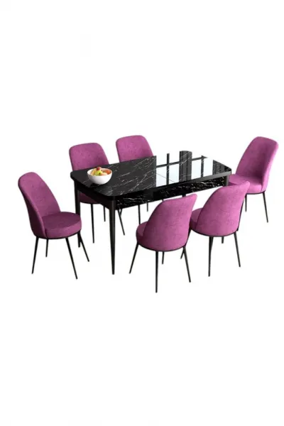 Extendable Dining Table & Chairs Set (7 Pieces) Han - Black Marble, Purple