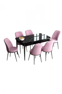 Extendable Dining Table & Chairs Set (7 Pieces) Han - Black Marble, Pink