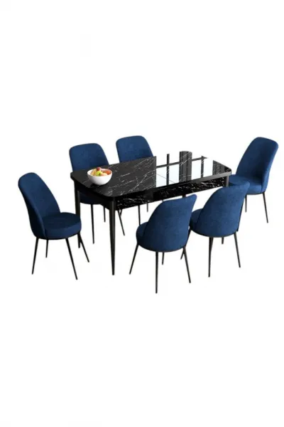 Extendable Dining Table & Chairs Set (7 Pieces) Han - Black Marble, Navy Blue