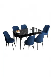 Extendable Dining Table & Chairs Set (7 Pieces) Han - Black Marble, Navy Blue