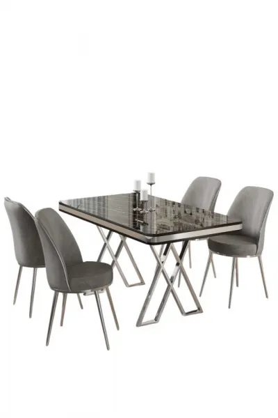Dining Table & Chairs Set (5 Pieces) Vals - Black Marble, Chrome, Grey