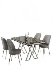 Dining Table & Chairs Set (5 Pieces) Vals - Black Marble, Chrome, Grey