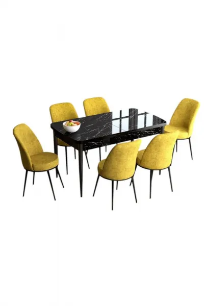 Extendable Dining Table & Chairs Set (7 Pieces) Han - Black Marble, Mustard