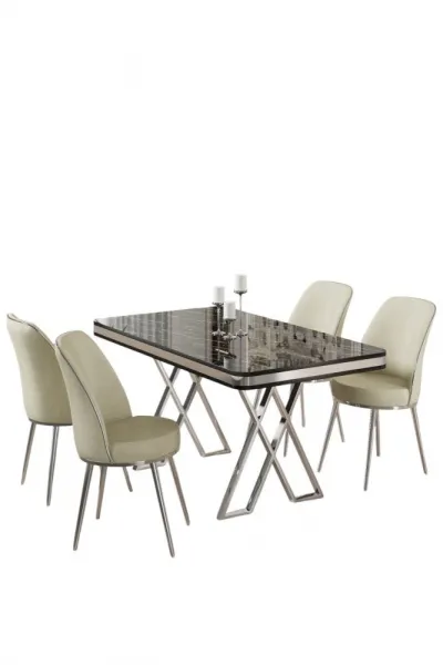 Dining Table & Chairs Set (5 Pieces) Vals - Black Marble, Chrome, Cream