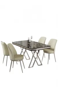 Dining Table & Chairs Set (5 Pieces) Vals - Black Marble, Chrome, Cream