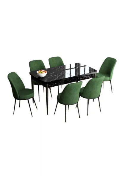 Extendable Dining Table & Chairs Set (7 Pieces) Han - Black Marble, Khaki