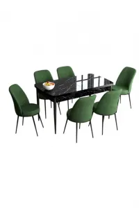 Extendable Dining Table & Chairs Set (7 Pieces) Han - Black Marble, Khaki