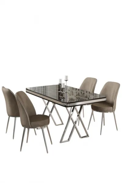 Dining Table & Chairs Set (5 Pieces) Vals - Black Marble, Chrome, Cappuccino