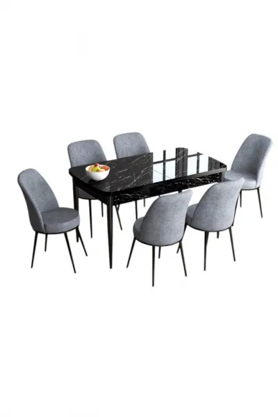 Extendable Dining Table & Chairs Set (7 Pieces) Han - Black Marble, Grey