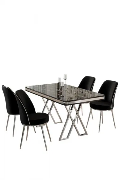 Dining Table & Chairs Set (5 Pieces) Vals - Black Marble, Chrome, Black