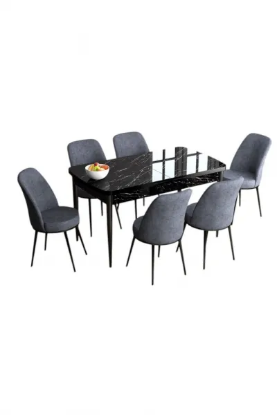 Extendable Dining Table & Chairs Set (7 Pieces) Han - Black Marble, Fume