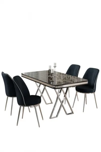 Dining Table & Chairs Set (5 Pieces) Vals - Black Marble, Chrome, Anthracite