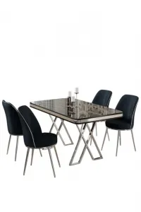 Dining Table & Chairs Set (5 Pieces) Vals - Black Marble, Chrome, Anthracite