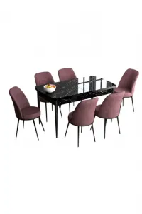 Extendable Dining Table & Chairs Set (7 Pieces) Han - Black Marble, Dusty Rose