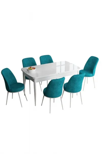 Extendable Dining Table & Chairs Set (7 Pieces) Han - White, Turquoise