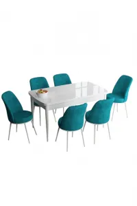 Extendable Dining Table & Chairs Set (7 Pieces) Han - White, Turquoise