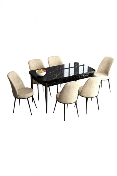 Extendable Dining Table & Chairs Set (7 Pieces) Han - Black Marble, Cream