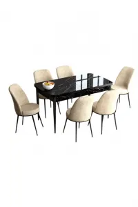 Extendable Dining Table & Chairs Set (7 Pieces) Han - Black Marble, Cream
