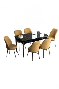 Extendable Dining Table & Chairs Set (7 Pieces) Han - Black Marble, Cappuccino