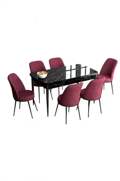 Extendable Dining Table & Chairs Set (7 Pieces) Han - Black Marble, Burgundy