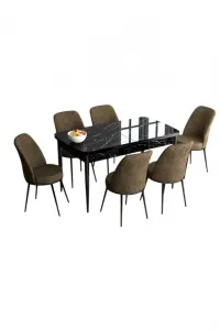 Extendable Dining Table & Chairs Set (7 Pieces) Han - Black Marble, Brown