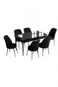 Extendable Dining Table & Chairs Set (7 Pieces) Han - Black Marble, Black
