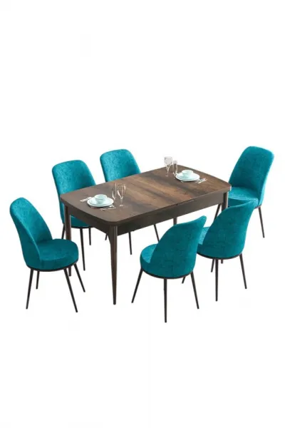 Extendable Dining Table & Chairs Set (7 Pieces) Han - Baroque, Turquoise