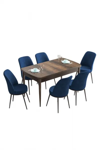 Extendable Dining Table & Chairs Set (7 Pieces) Han - Baroque, Navy Blue