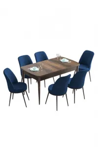 Extendable Dining Table & Chairs Set (7 Pieces) Han - Baroque, Navy Blue