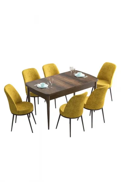 Extendable Dining Table & Chairs Set (7 Pieces) Han - Baroque, Mustard