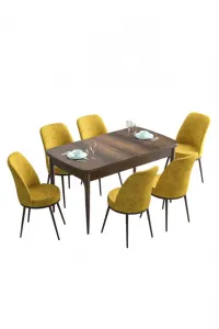 Extendable Dining Table & Chairs Set (7 Pieces) Han - Baroque, Mustard