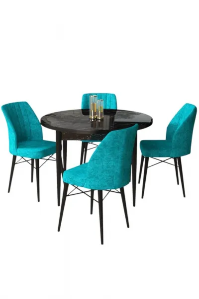 Dining Table & Chairs Set (5 Pieces) Rox - Black Marble, Turquoise