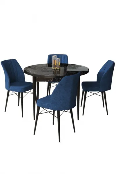 Dining Table & Chairs Set (5 Pieces) Rox - Black Marble, Navy Blue
