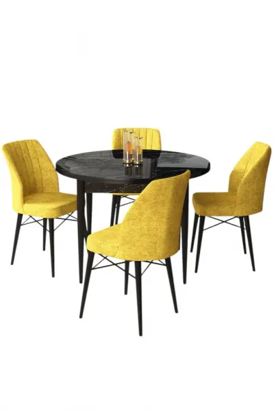 Dining Table & Chairs Set (5 Pieces) Rox - Black Marble, Mustard