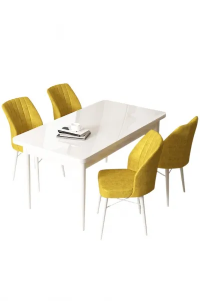 Dining Table & Chairs Set (5 Pieces) Arp - White, Mustard