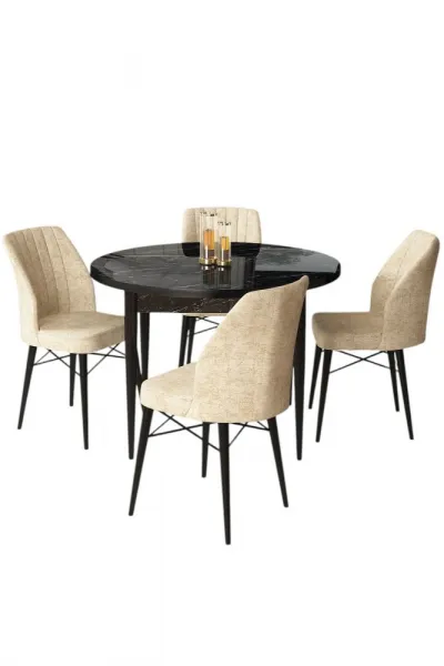 Dining Table & Chairs Set (5 Pieces) Rox - Black Marble, Cream